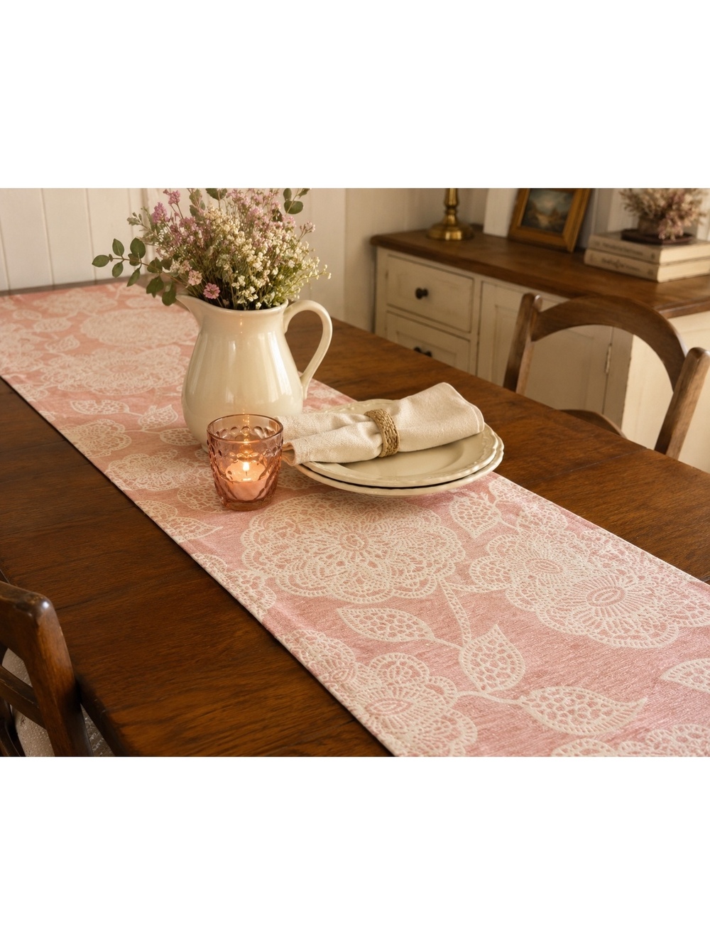Pink Cream Floral Table Runner 14x70 Heavy Woven Fabric Cottagecore Boho Decor